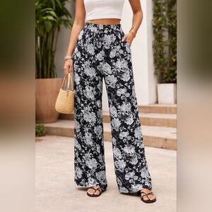 H&M Black & White Floral Wide-Leg Pants